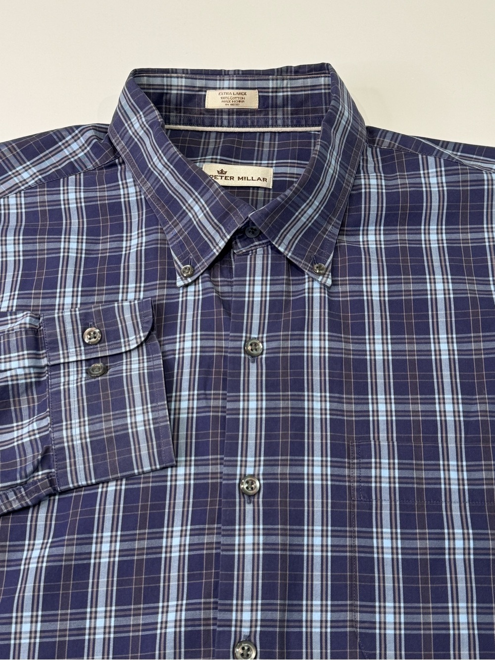 Peter Millar Men's XL 100% Cotton Navy Light Blue Long Sleeve Button Down Plaid